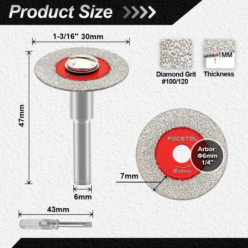FOCSTOL Mini Diamond Glass Cutting Disc - 5pcs 1-3/16 Inch(30mm) Saw Blade and 1pc 1/4 Inch(6mm) Round Shank for Glass Jade Marble Granite Artificial Stone Porcelain Tile Ceramic - Image 2